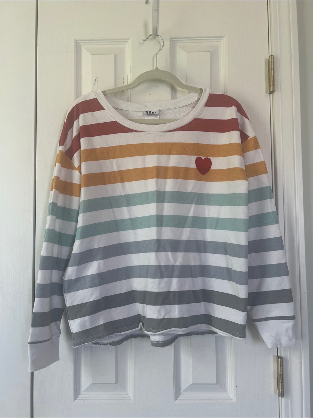 Striped Crewneck Sweatshirt with Heart Detail - White Multi